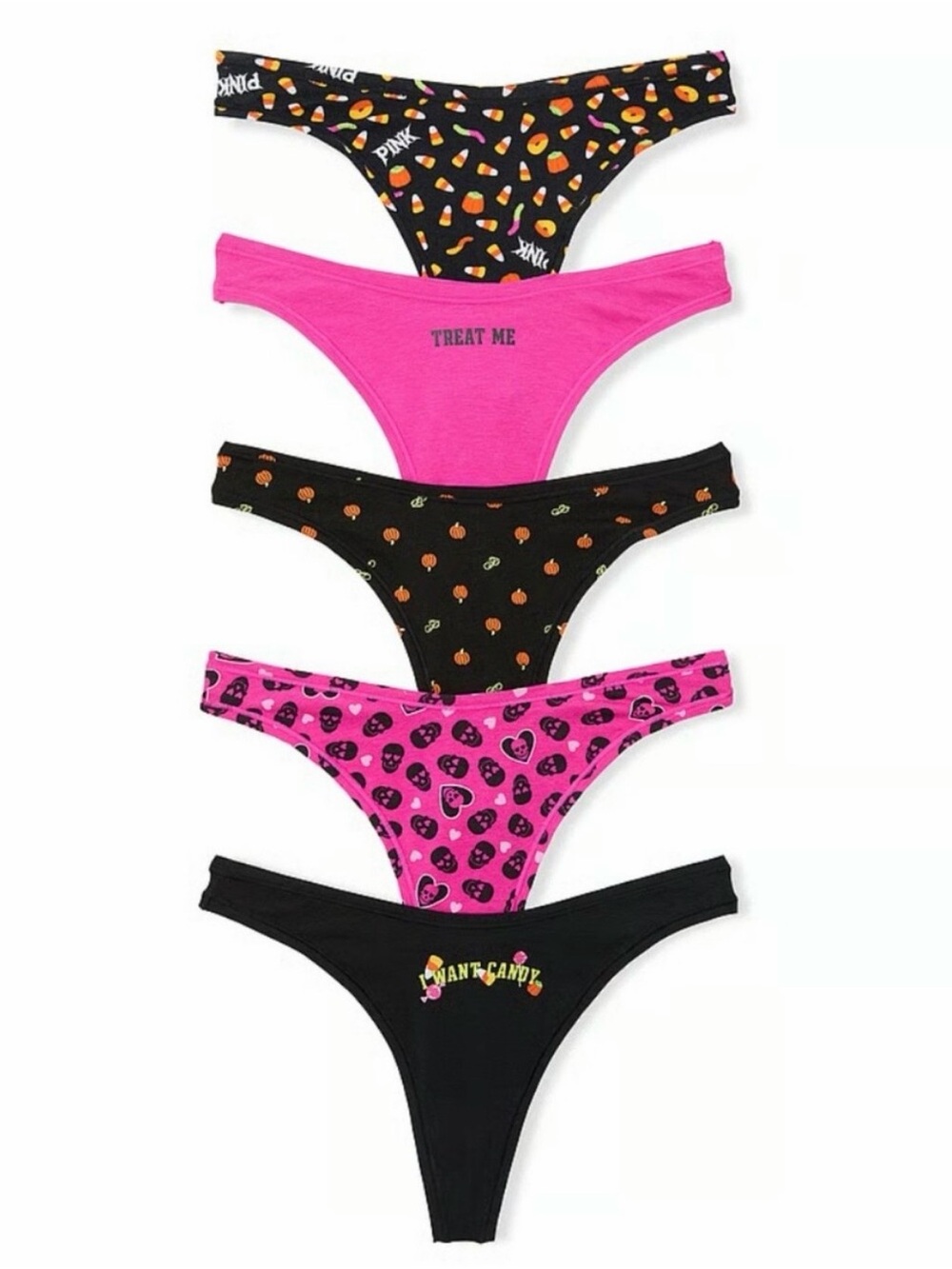 VS PINK HALLOWEEN Cotton Thong Panties Large Multi 5 Pack NEW